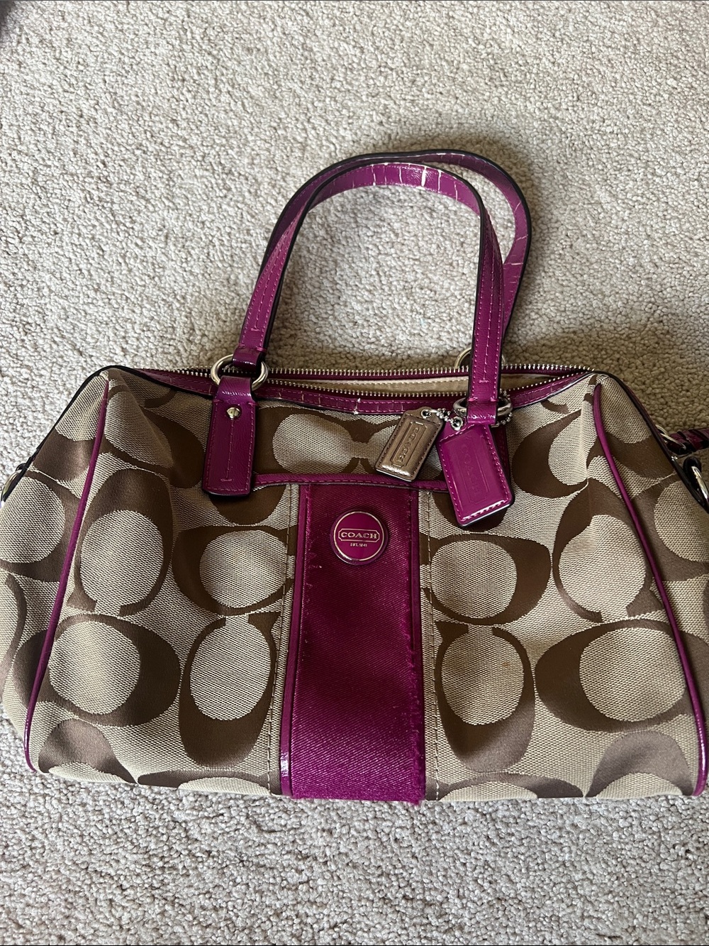 Coach Beige and Brown Signature Satchel with Magenta Trim